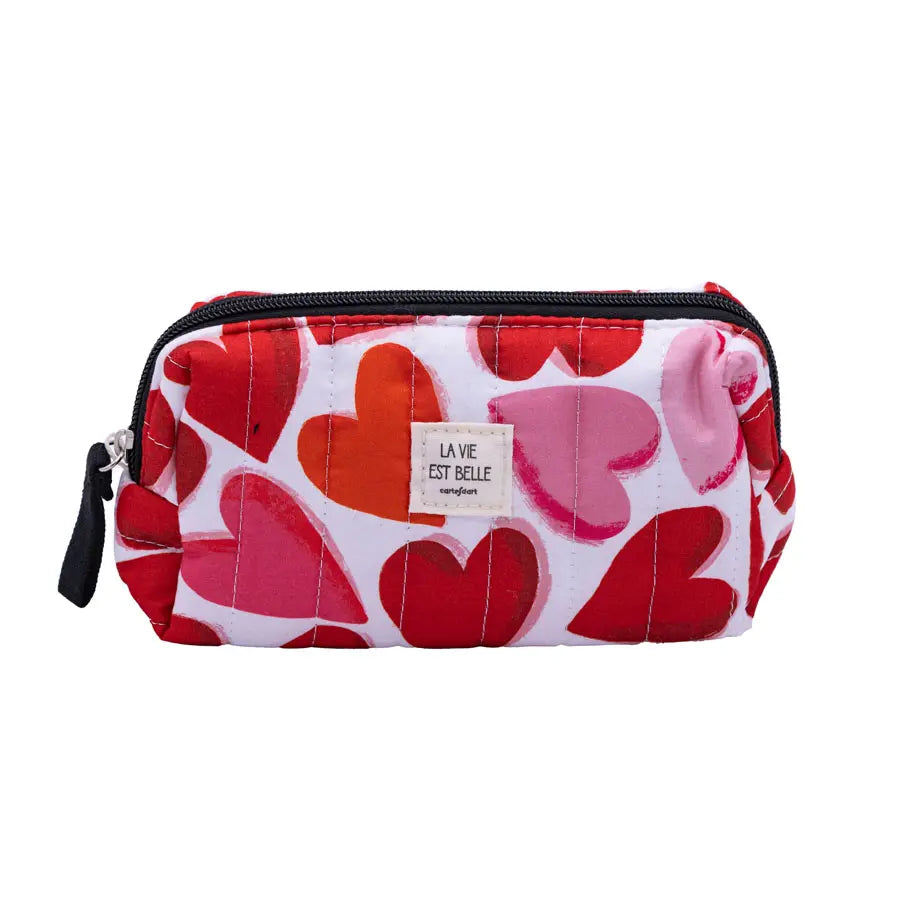 Petite trousse matelassée cœurs romantique rose Carte d'Art 13,5x16,5 cm fermeture éclair