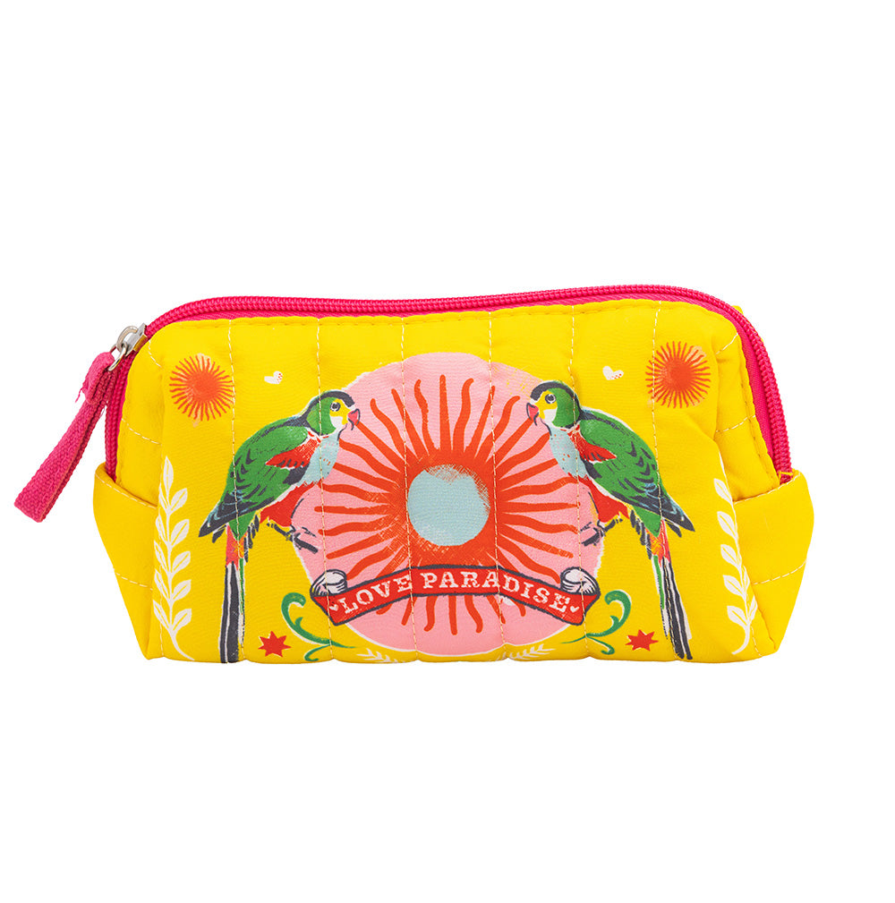 Petite trousse matelassée Love Paradise perroquets jaune folk Carte d'Art 13,5x16,5 cm