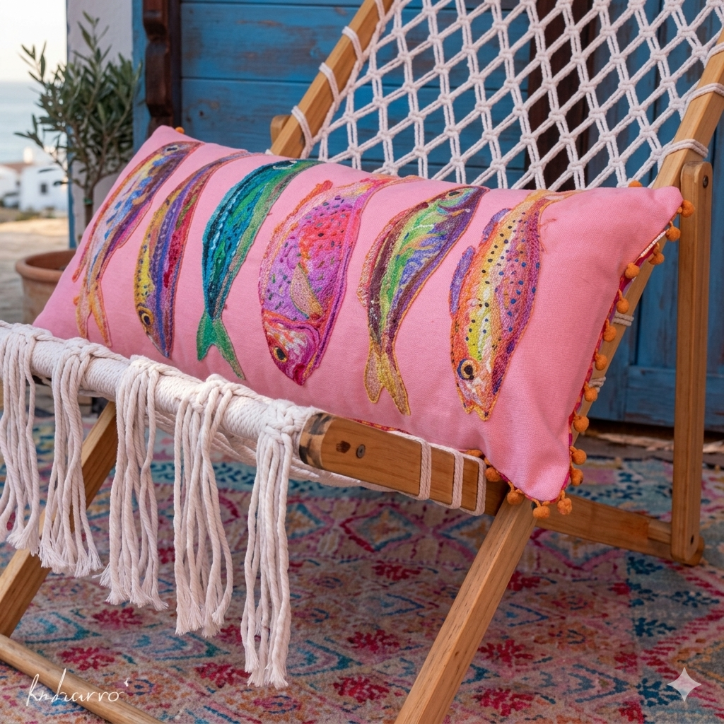 Coussin décoratif grand format rose poissons terrasse jardin MT Boutique L'Isle-Jourdain