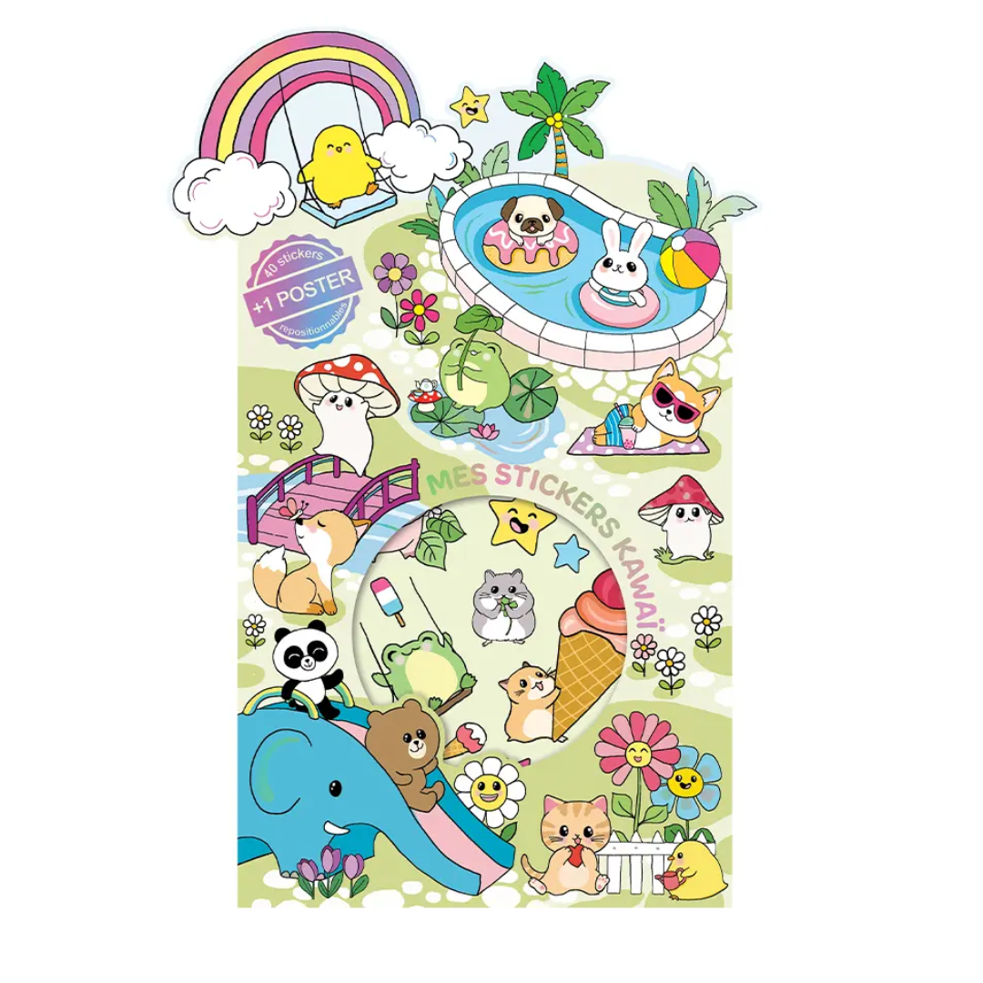 Jeu stickers kawaii enfant + poster 29x40 cm – 50 stickers repositionnables Cartes d'Art MT Boutique