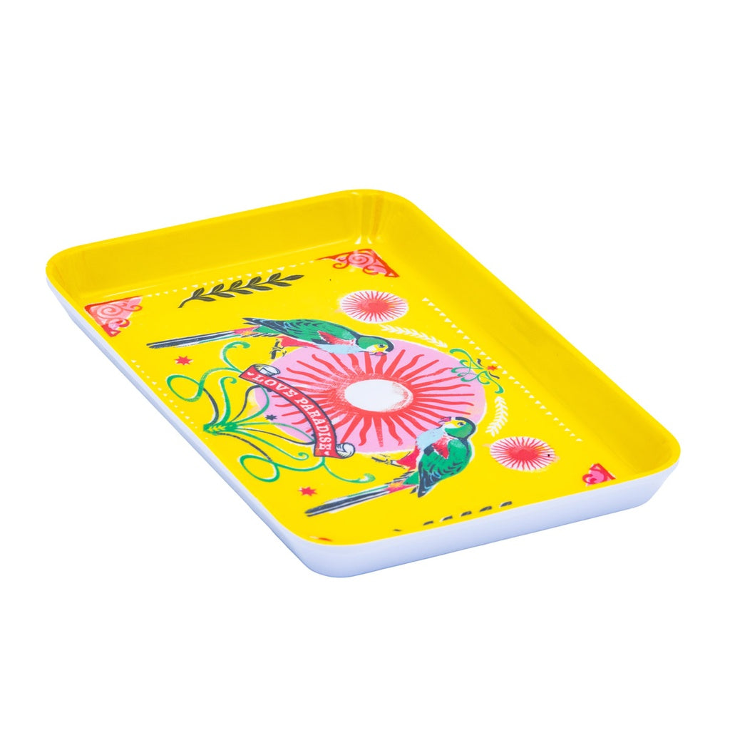 Petit plateau mélamine jaune perroquets Love Paradise Carte d'Art 21x14 cm