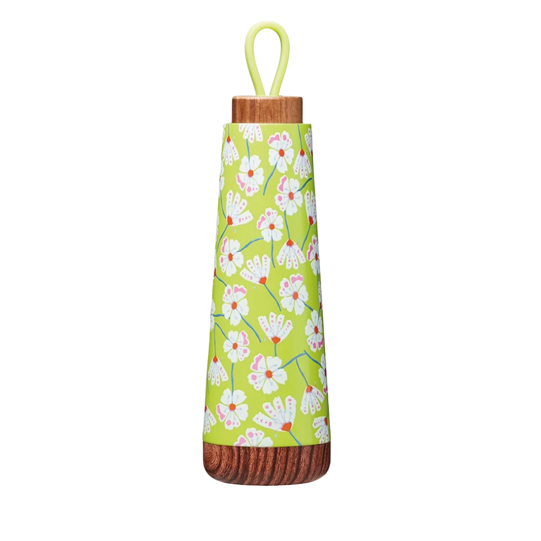 Gourde isotherme Bioloco Loop Vent dans l'herbe 500 ml Chic Mic avec motif végétal et couvercle en bois véritable.