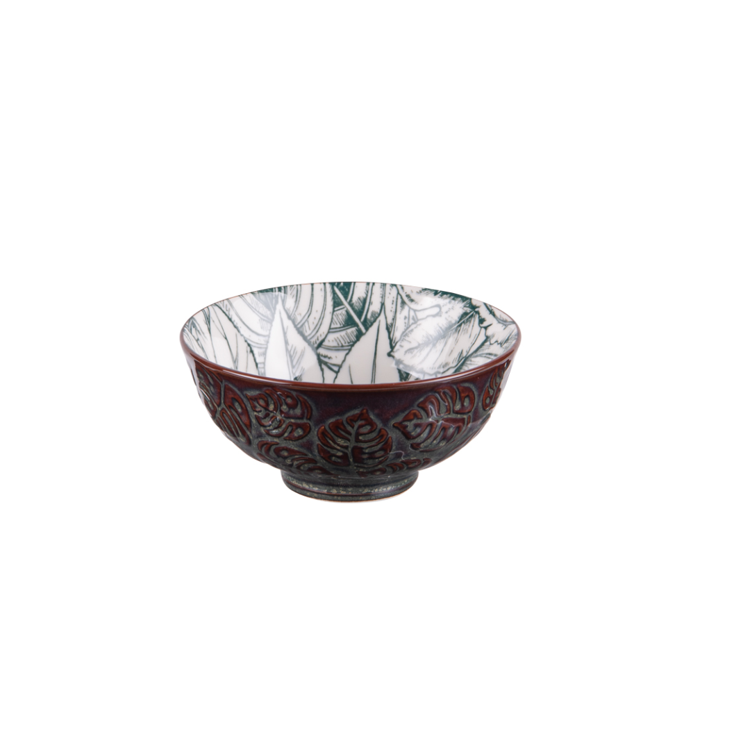 Petite coupelle ronde en porcelaine avec motif intérieur de feuilles tropicales vertes et extérieur brun texturé, modèle Paraguay.