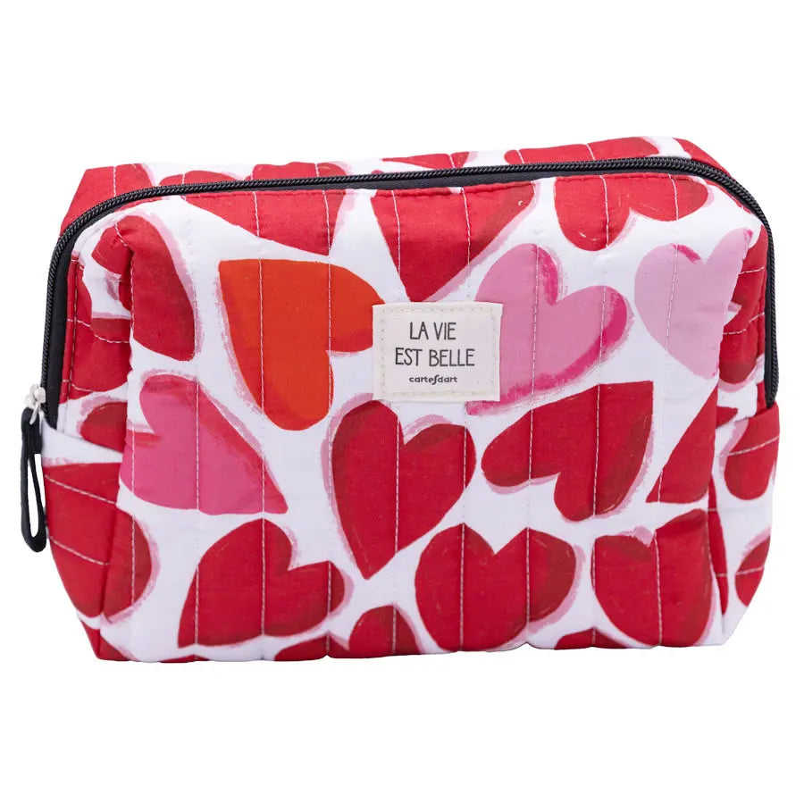 Grande trousse matelassée La Vie Est Belle cœurs rouge rose Carte d'Art 17x24x8 cm fermeture éclair noire