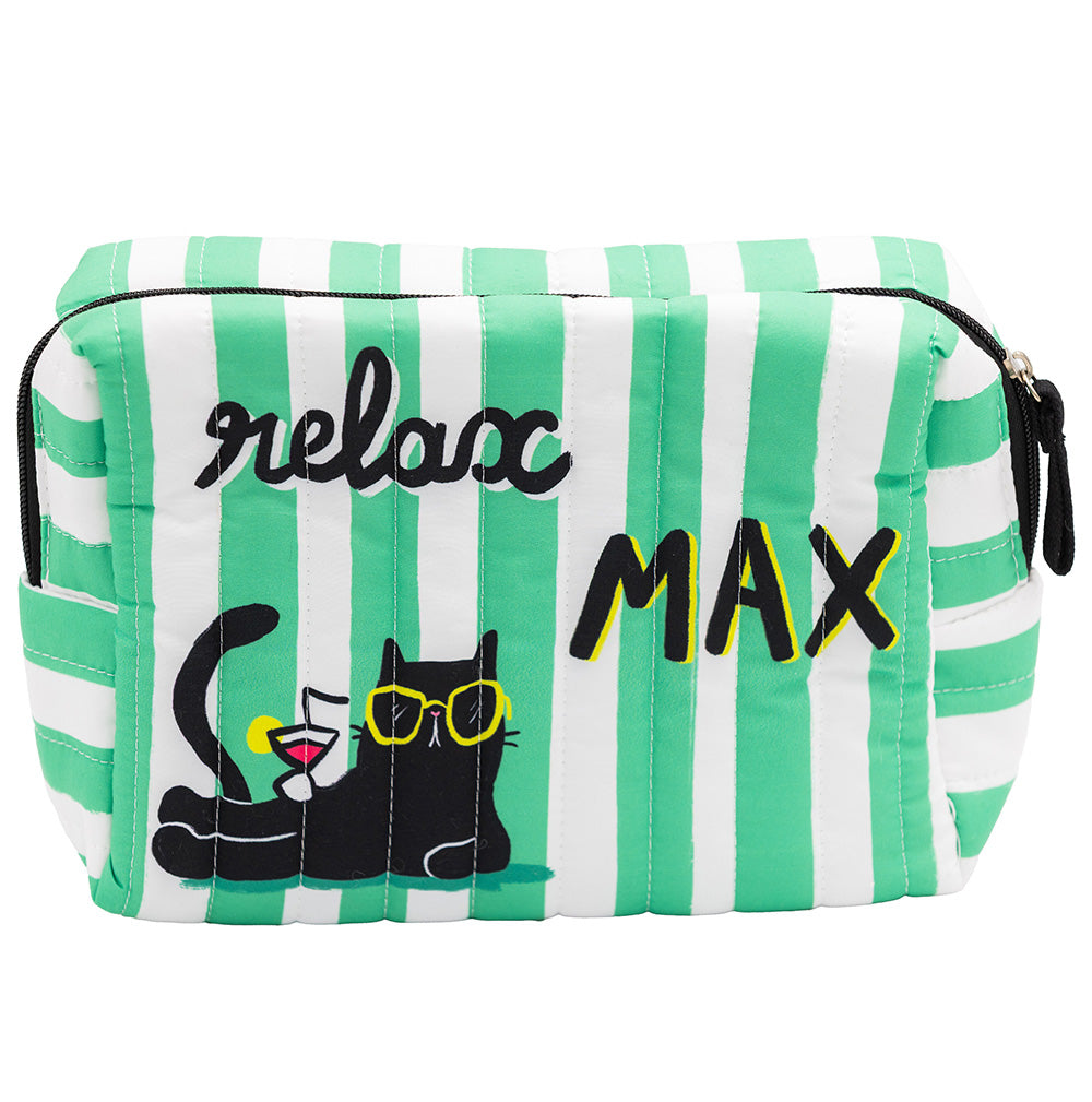 Grande trousse matelassée Relax Max chat noir lunettes jaunes rayures vert blanc Carte d'Art 17x24x8 cm