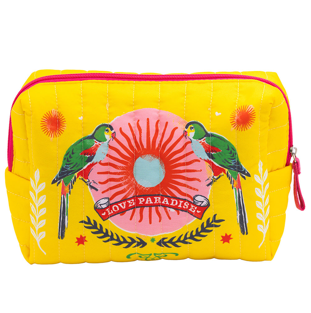 Grande trousse matelassée Love Paradise perroquets jaune soleil zip rose fuchsia Carte d'Art 17x24x8 cm