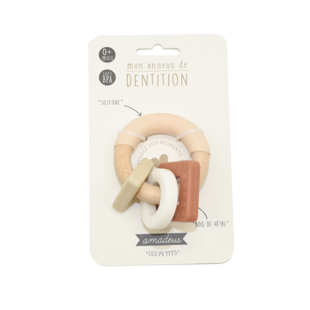 Anneau de dentition en silicone et bois de hêtre – Couleur beige – Marque Amadeus Les Petits. Soulage les poussées dentaires dès la naissance.