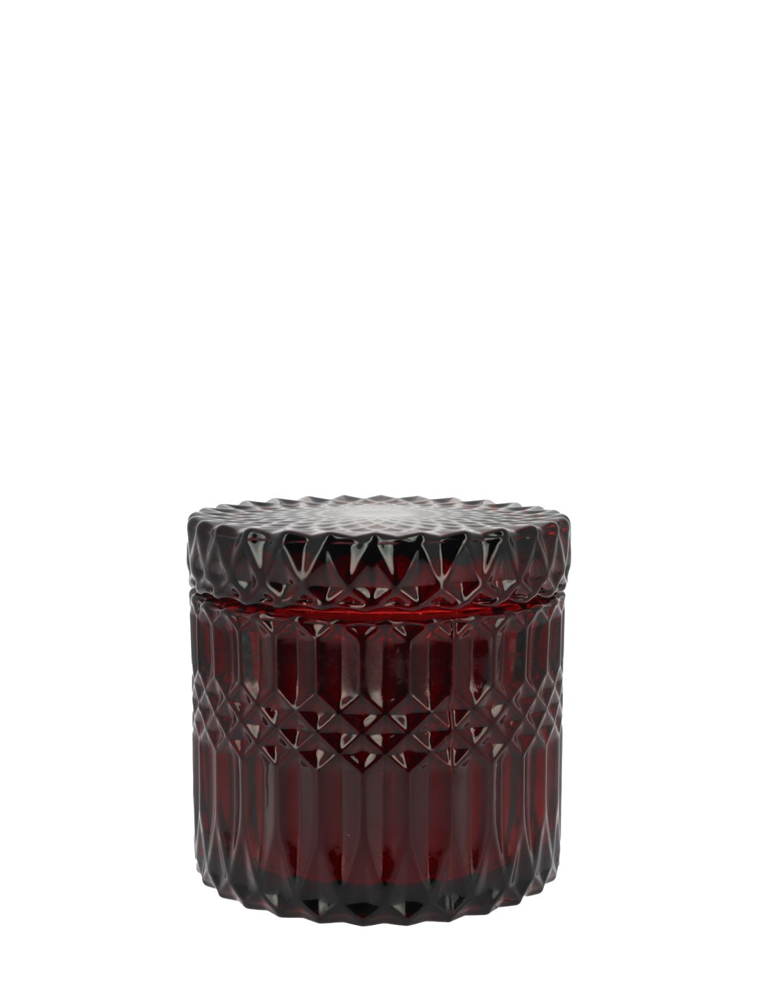Bougie Facette Rouge 360g – Parfum Patchouli. Notes boisées et gourmandes de vanille et chocolat. Double mèche. Fabriquée artisanalement en France