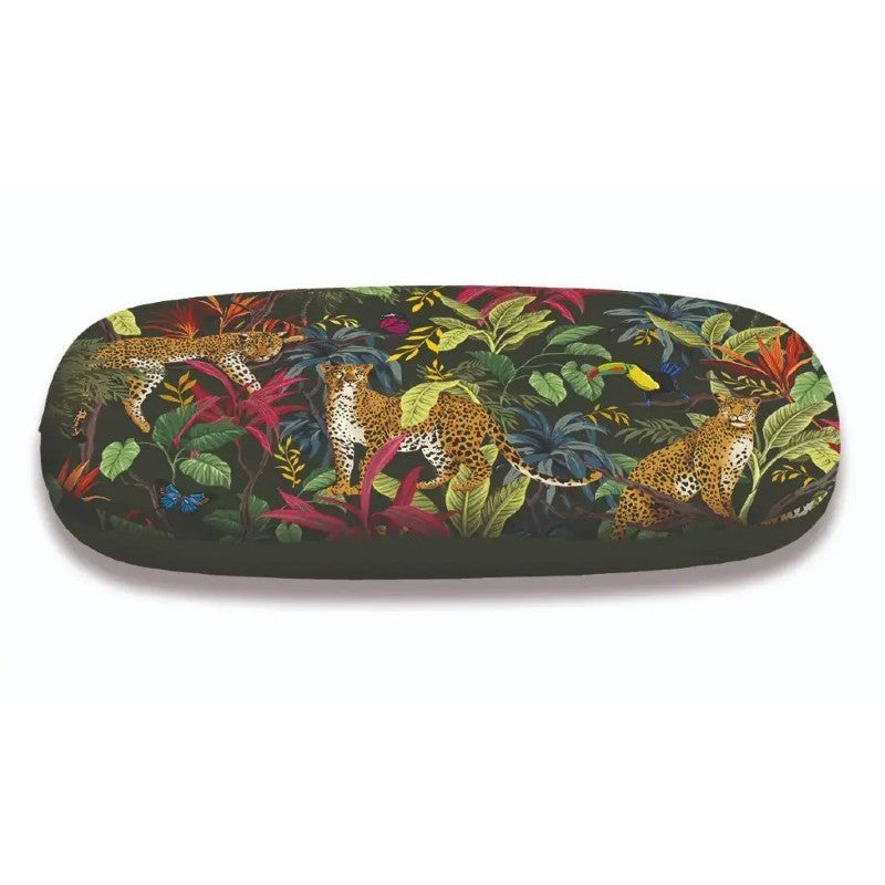 Étui à lunettes rigide avec illustration de léopards dans une jungle tropicale, marque Cartes d'Art.