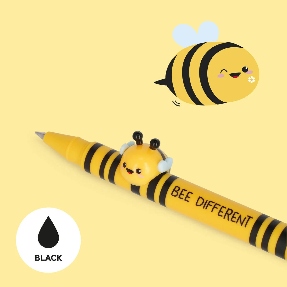 Détail petite abeille décorative anti-roulant stylo gel Legami – posé sur bureau collection Lovely Friends