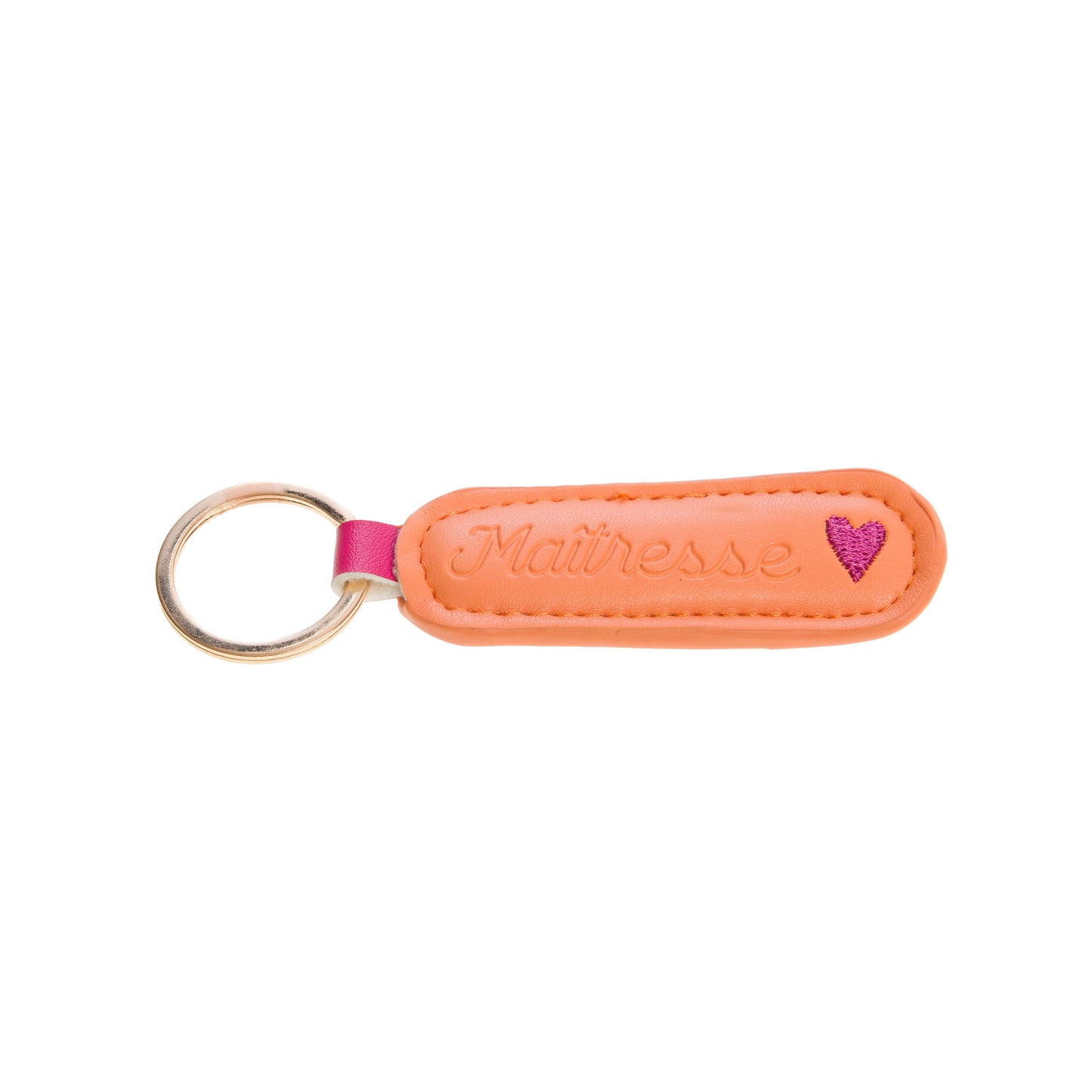 Porte-clés en simili cuir orange avec inscription brodée Maîtresse Ella et petit cœur, anneau en métal.