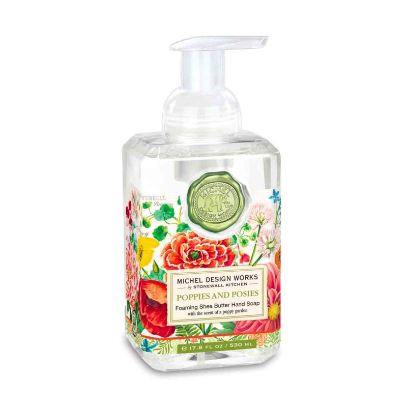 Flacon de savon moussant Poppies and Posies Michel Design Works 530ml, décor champêtre de coquelicots rouges et fleurs de jasmin.