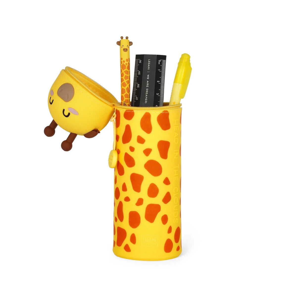 Trousse Legami girafe kawaii transformée en pot à crayons de bureau – silicone rétractable 2-en-1
