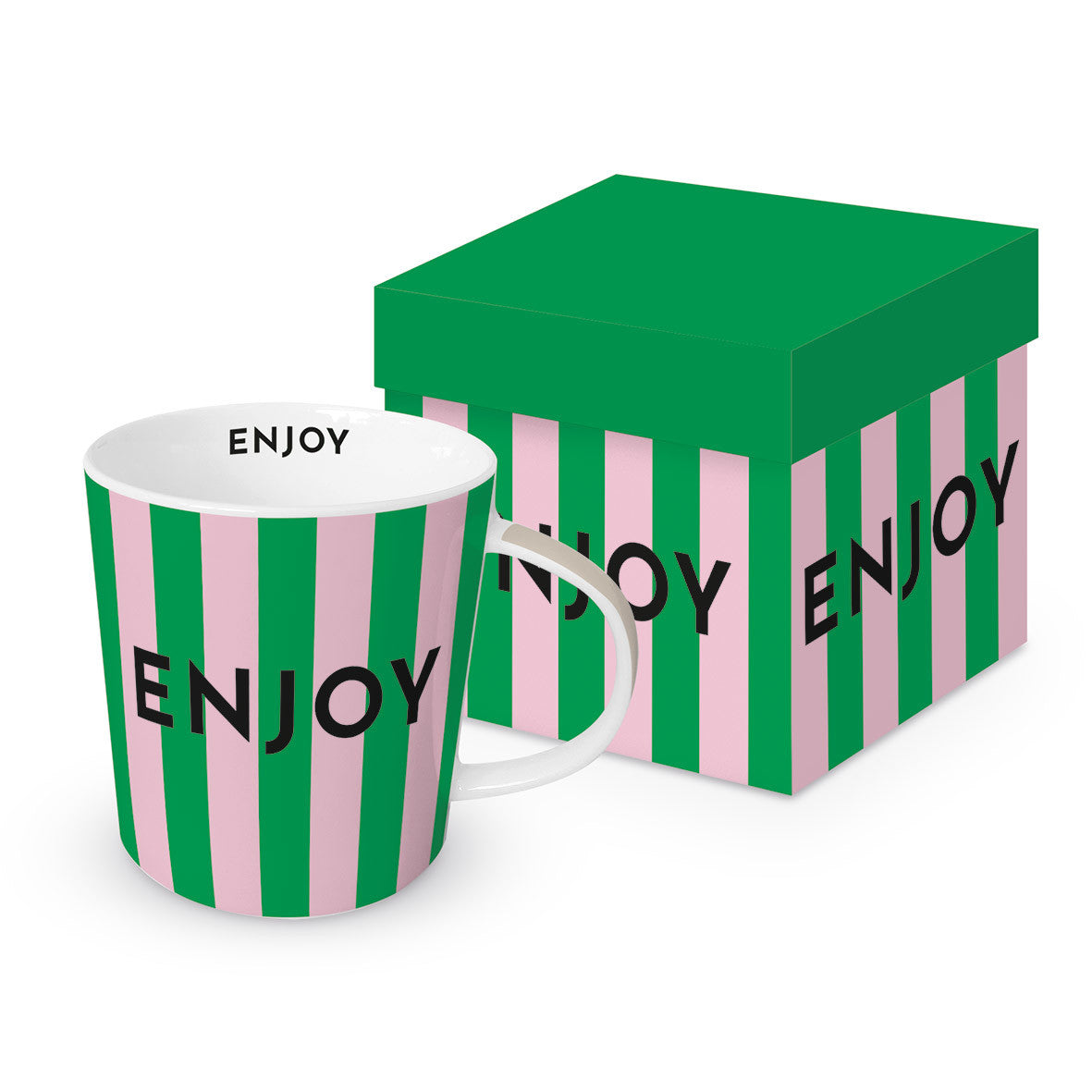 Mug en porcelaine PPD imprimé du mot Enjoy avec sa boîte cadeau assortie.