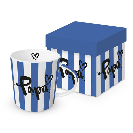 Mug en porcelaine PPD imprimé du mot Papa avec sa boîte cadeau cylindrique assortie.