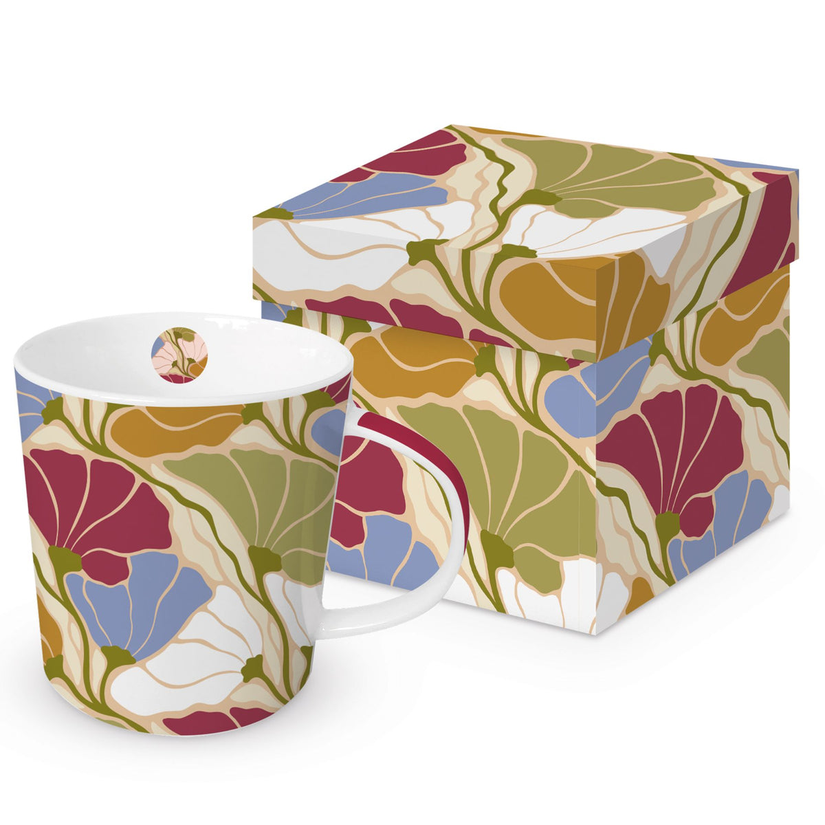 Mug en porcelaine PPD décoré de motifs floraux Eugénie avec sa boîte cadeau assortie.