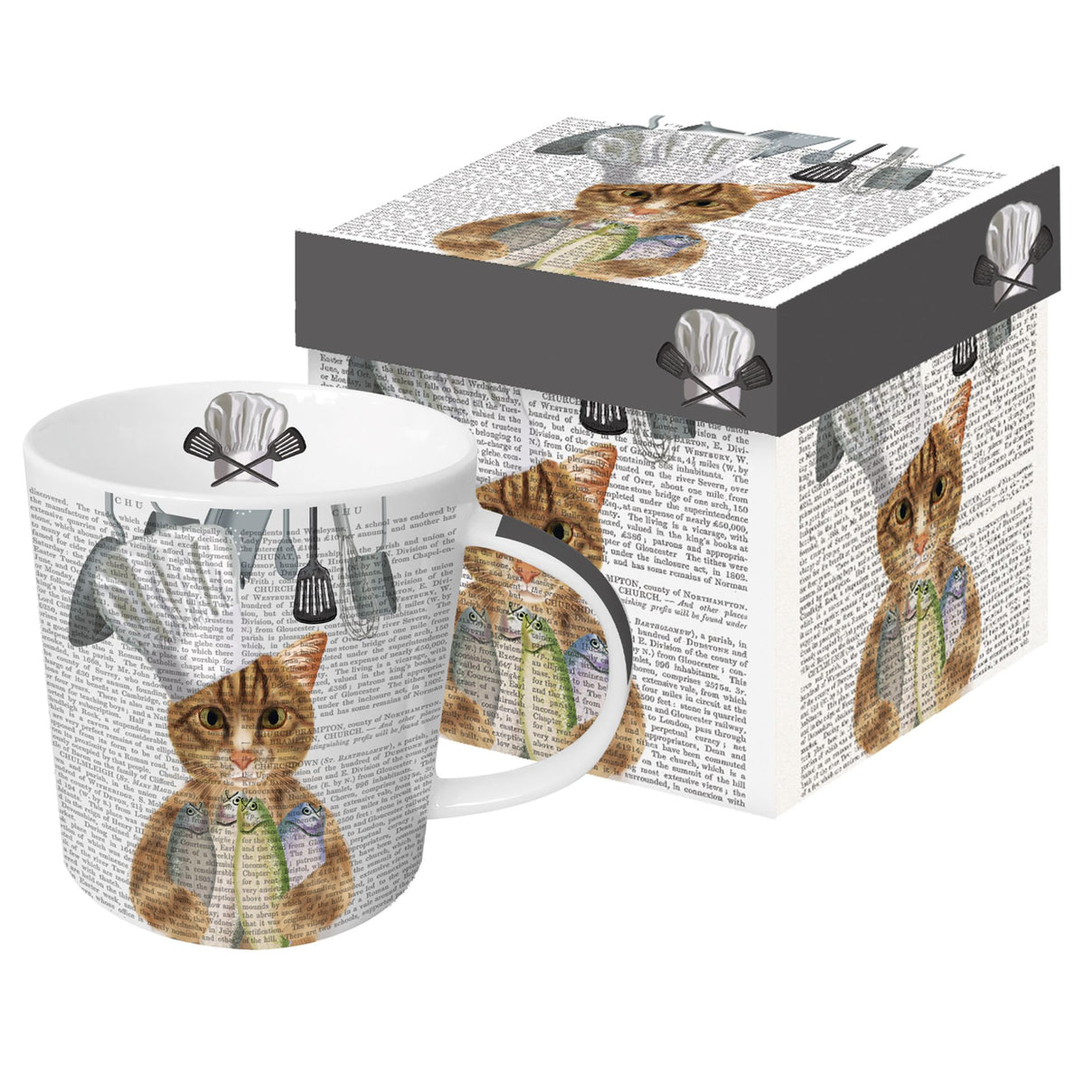 Mug en porcelaine PPD illustré d'un chat chef cuisinier avec sa boîte cadeau assortie.