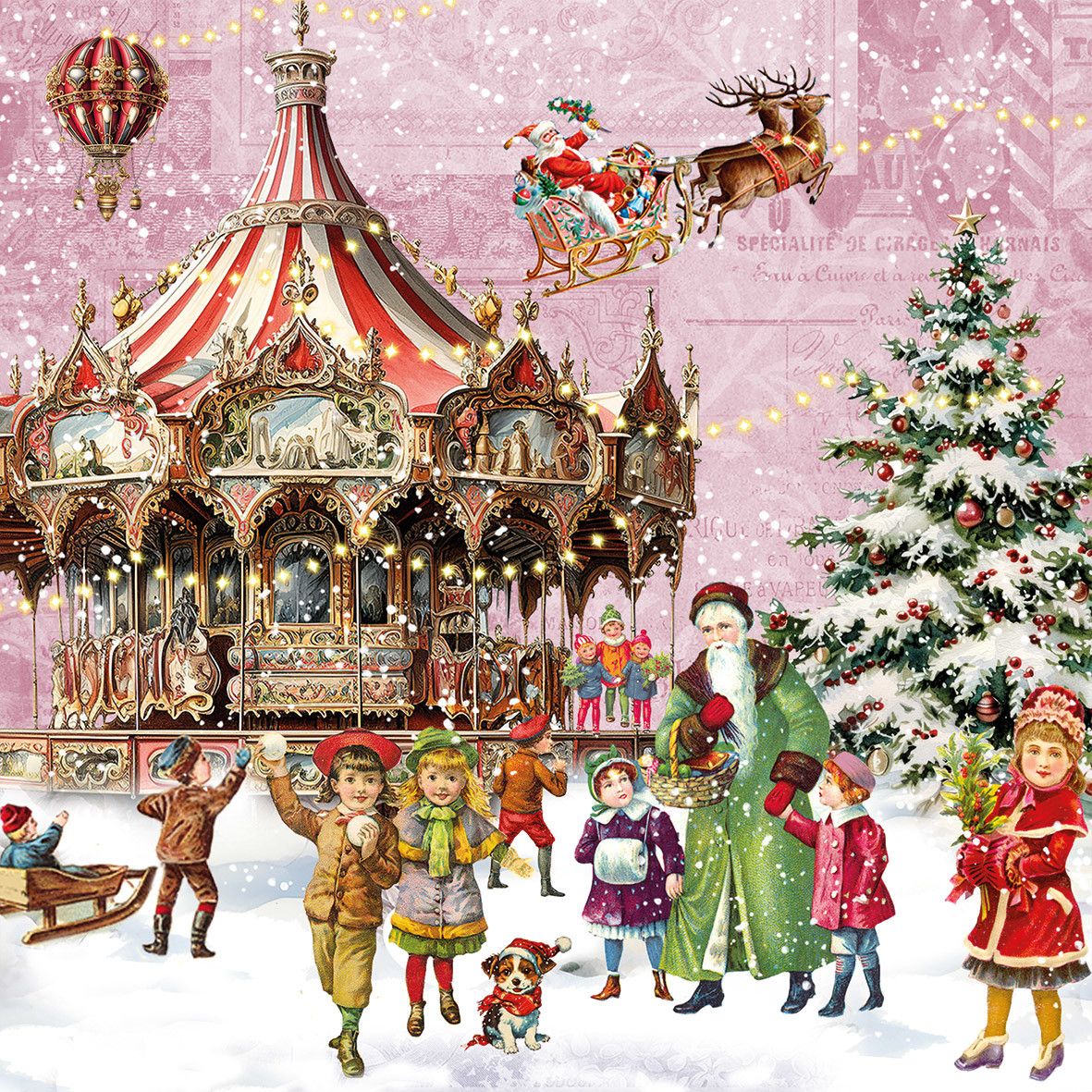 Paquet de serviettes en papier PPD imprimées du motif féerique Caroussel de Noël.