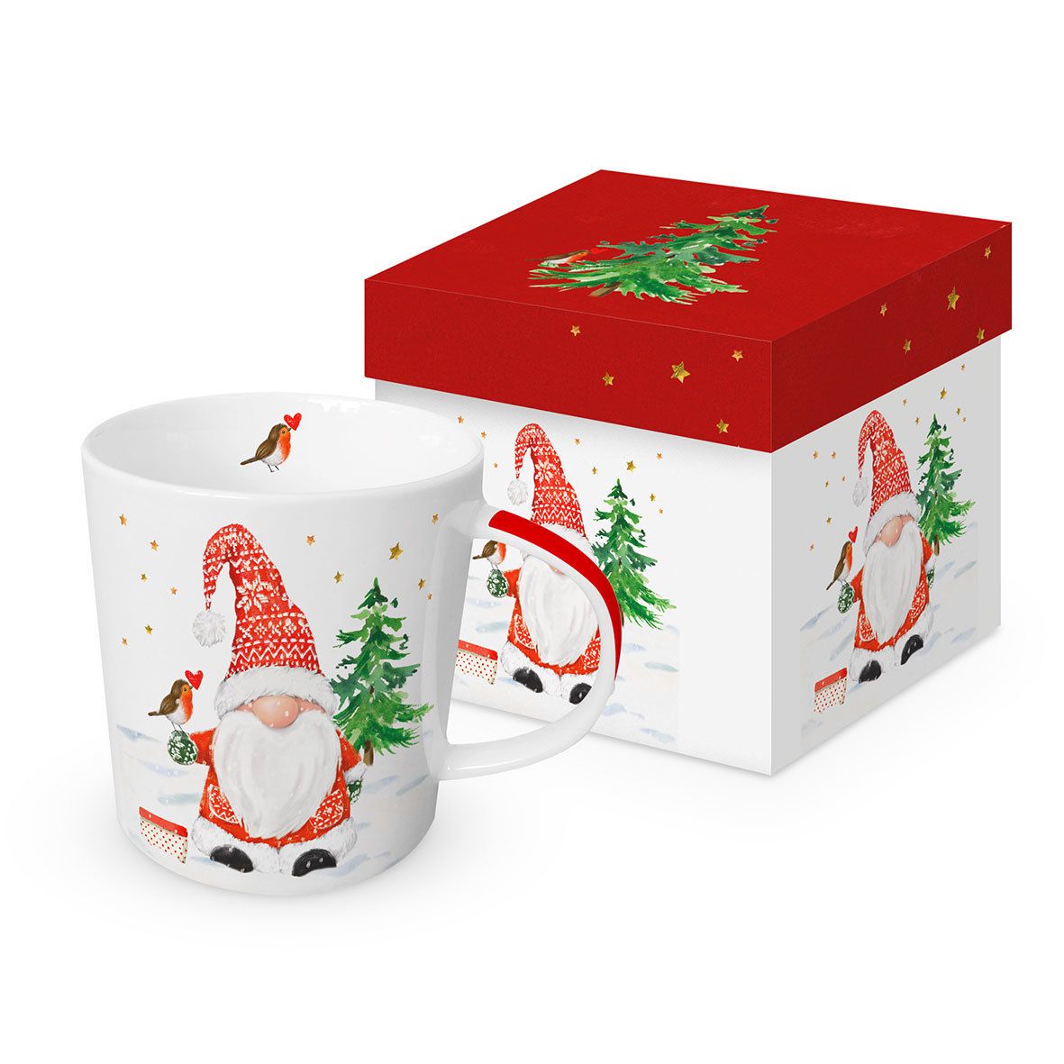 Mug en porcelaine PPD décoré du motif gnome de Noël Christmas Buddy avec sa boîte cadeau cylindrique assortie.