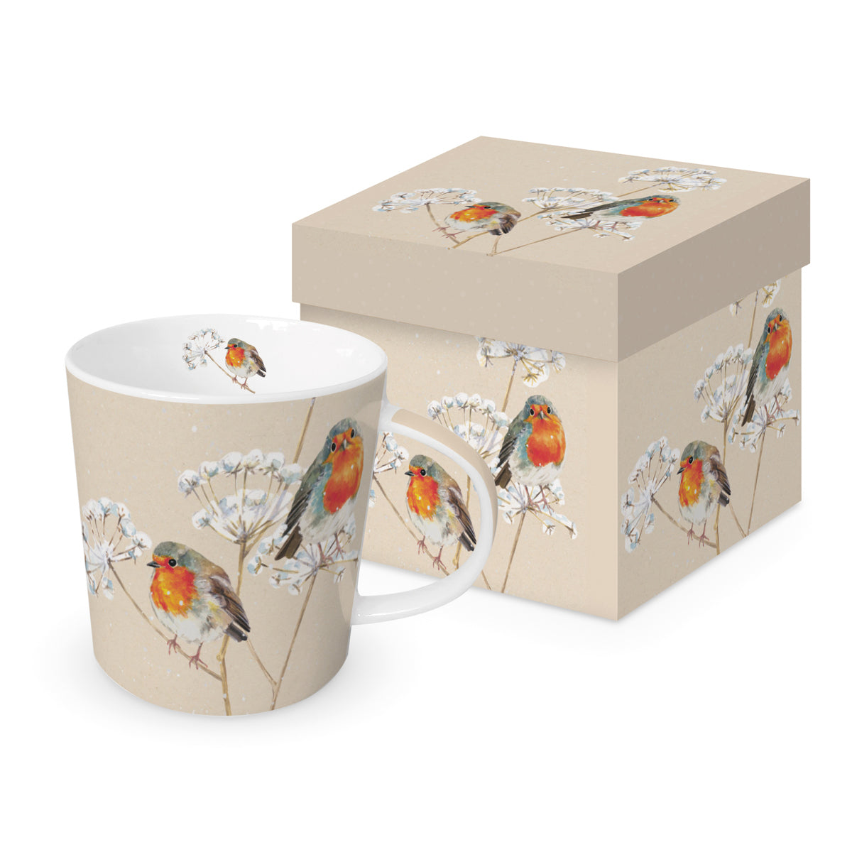 Mug en porcelaine PPD illustré d'un paysage hivernal paisible Solitude avec sa boîte cadeau assortie.