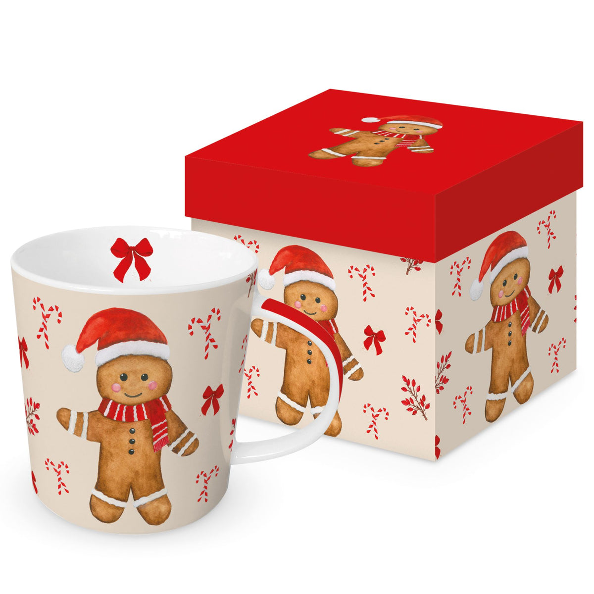Mug en porcelaine PPD décoré du motif bonhomme de pain d'épices Petit Biscuit avec sa boîte cadeau cylindrique assortie.