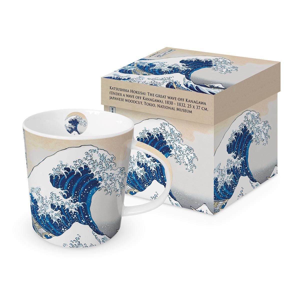 Mug en porcelaine PPD décoré de la grande vague d'Hokusai avec sa boîte cadeau assortie.
