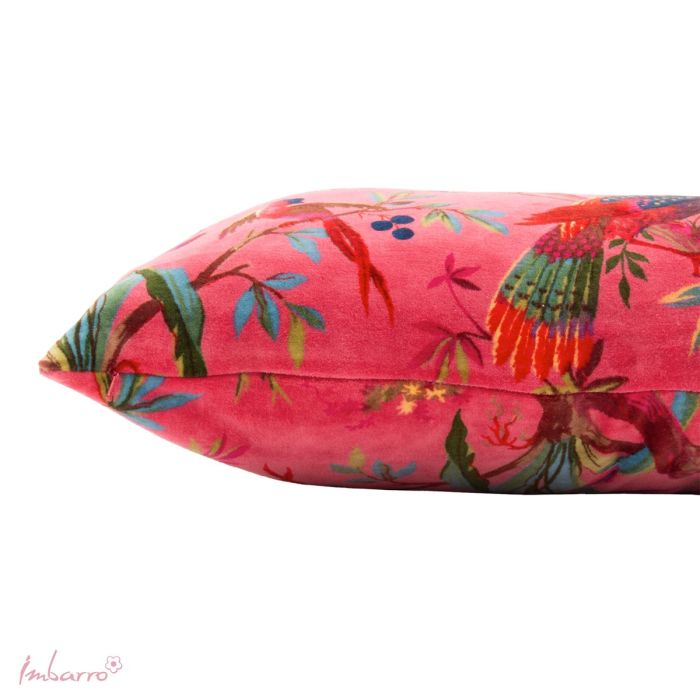 Détail impression manuelle multicouches motif Paradise cerise sur velours coton – profondeur couleur exceptionnelle Imbarro