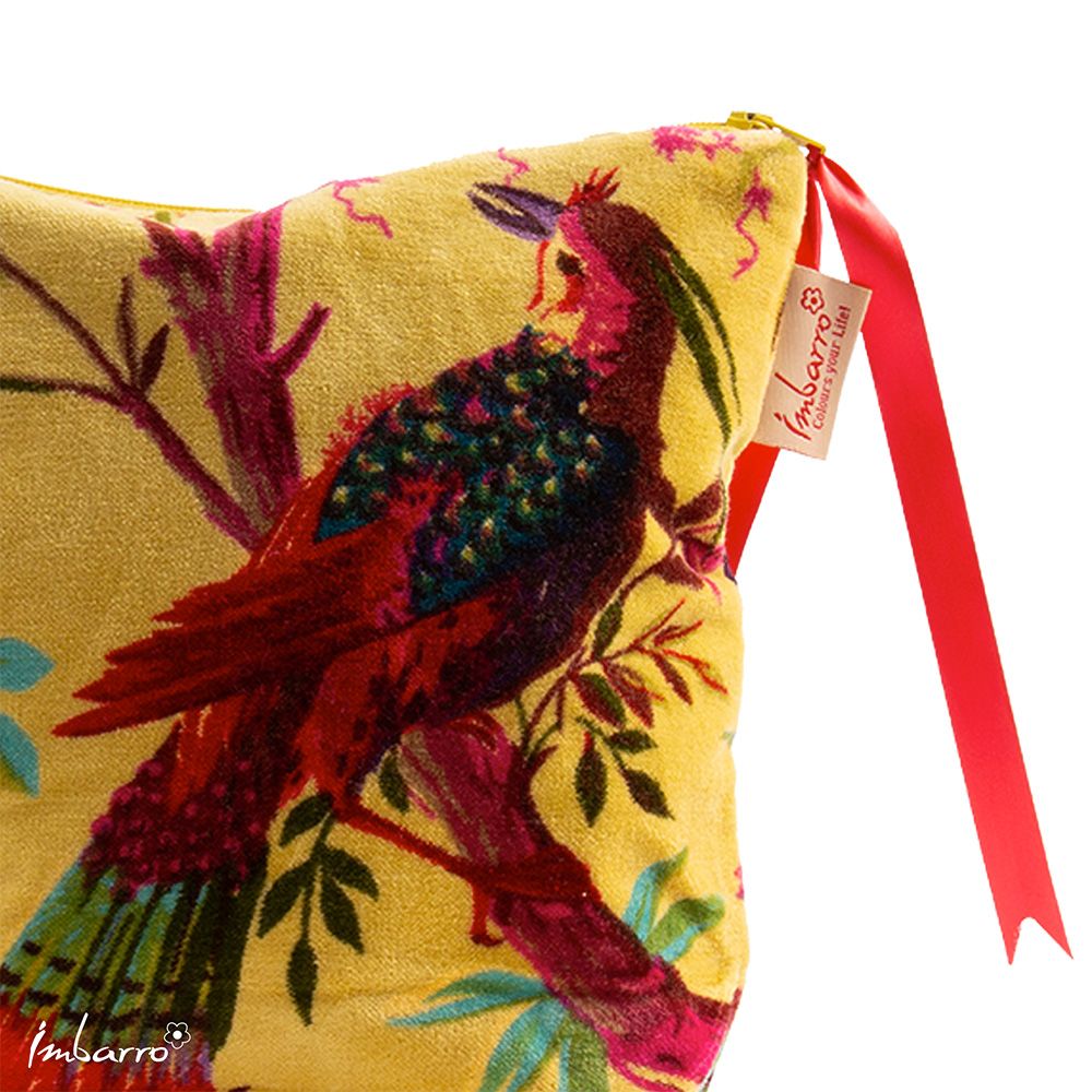Détail velours doux imprimé paradisiaque pochette Paradise Lime Imbarro – couleurs éclatantes vert multicolore