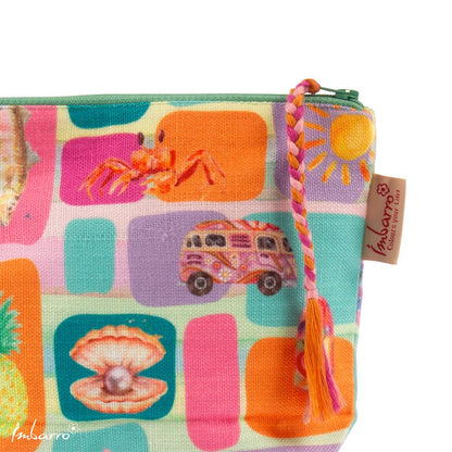 Détail broderies artisanales main pochette Hola Sunshine Imbarro – coton multicolore summer breeze