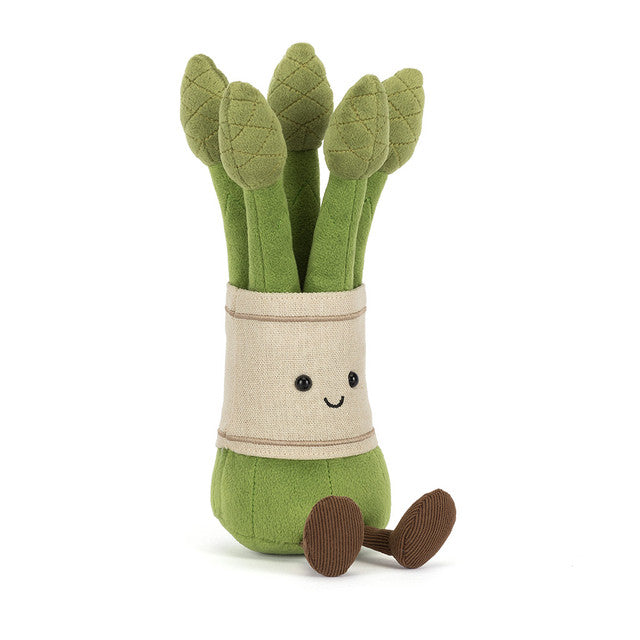 Détail visage brodé malicieux peluche asperge Jellycat Amuseables – vert tendre collector