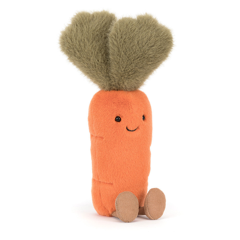 Peluche carotte orange Amuseables Jellycat avec feuilles vertes et petites jambes, hauteur 28cm.