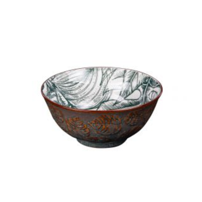 Grand bol en porcelaine avec décor intérieur de feuilles tropicales vertes et extérieur brun effet terre, collection Paraguay.