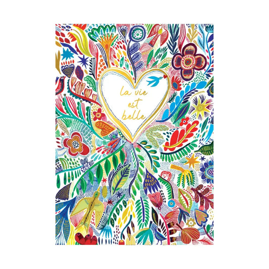 Cahier illustré La Vie Est Belle cœur doré fleurs oiseaux Carte d'Art 15x21 cm papier recyclé