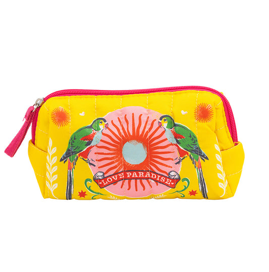 Petite trousse matelassée Love Paradise perroquets jaune folk Carte d'Art 13,5x16,5 cm