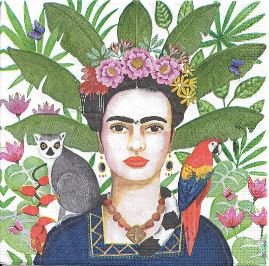 Gros plan sur le motif Village de Coyoacán Frida Kahlo et les couleurs des serviettes en papier PPD.