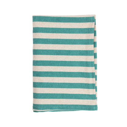 Drap de bain en coton rayé horizontalement turquoise et blanc crème, plié, marque SEMA Design.