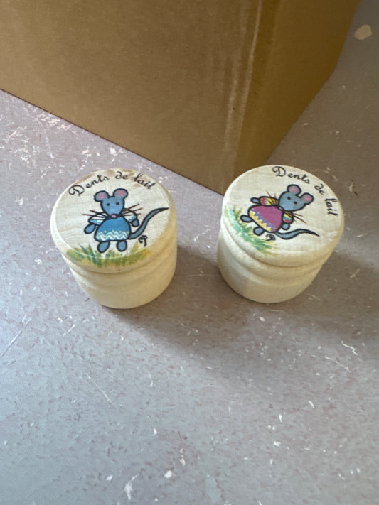 Boîte à dents de lait, petite souris, rose et bleu en bois