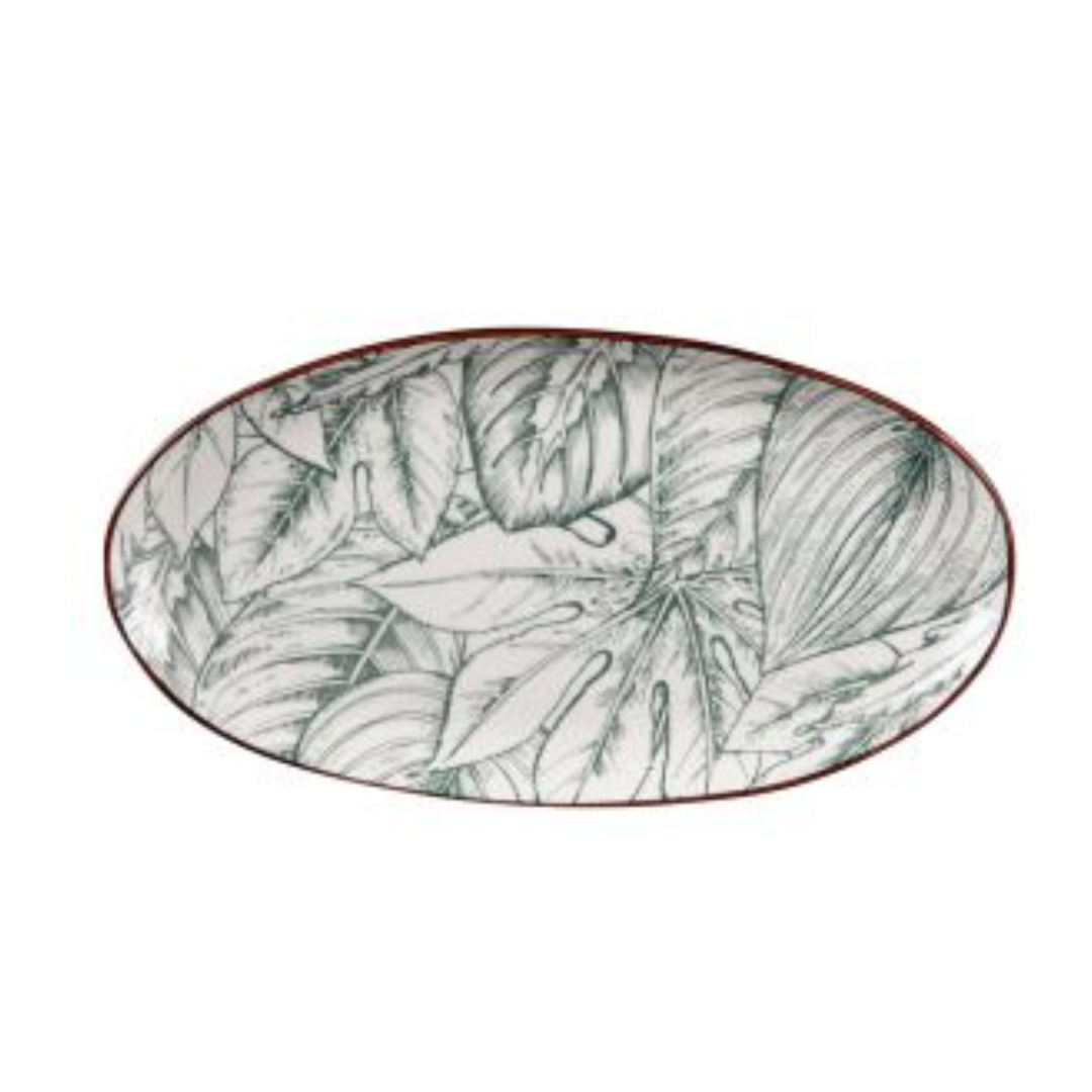 Grand plat de service ovale en porcelaine 36cm avec motifs de feuilles exotiques vertes et extérieur brun, collection Paraguay