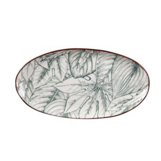 Grand plat de service ovale en porcelaine 36cm avec motifs de feuilles exotiques vertes et extérieur brun, collection Paraguay