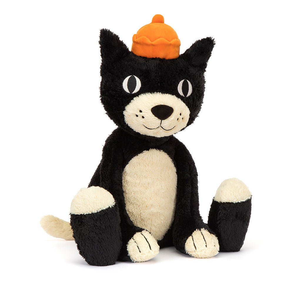 Peluche chat noir Jellycat Jack assis avec chapeau orange en forme de gelée et détails brodés.