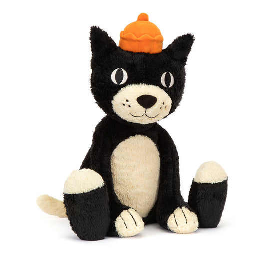Peluche chat noir Jellycat Jack assis avec chapeau orange en forme de gelée et détails brodés.