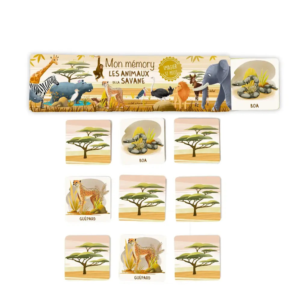 Boîte du jeu memory éducatif illustré Animaux de la Savane Cartes d'Art - MT Boutique L'Isle-Jourdain