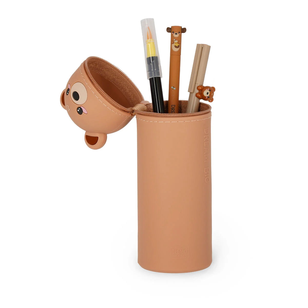 Trousse en silicone marron Teddy Bear Legami ouverte avec crayons