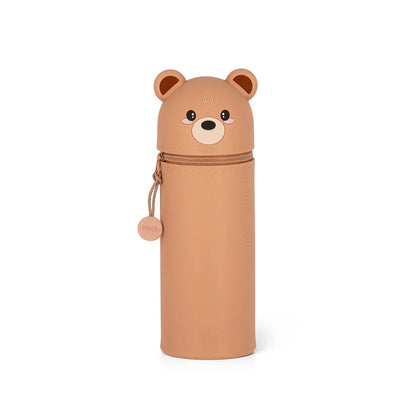 Trousse en silicone marron Teddy Bear Legami avec message Dream Big, transformable en pot à crayons.