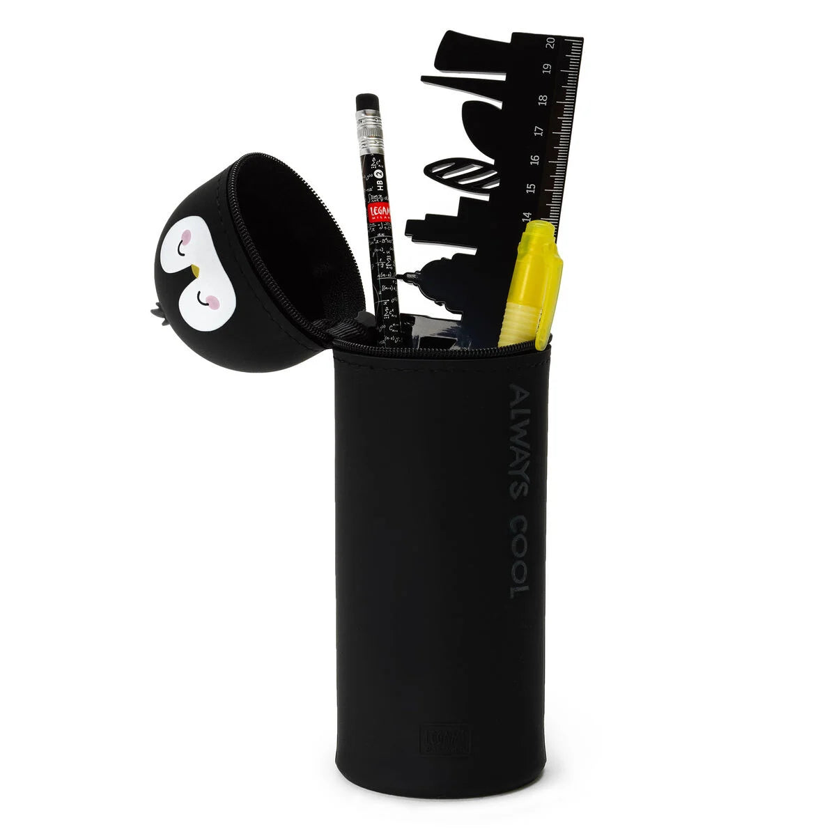 Trousse en silicone bleu et blanc Pingouin Legami ouverte avec crayons