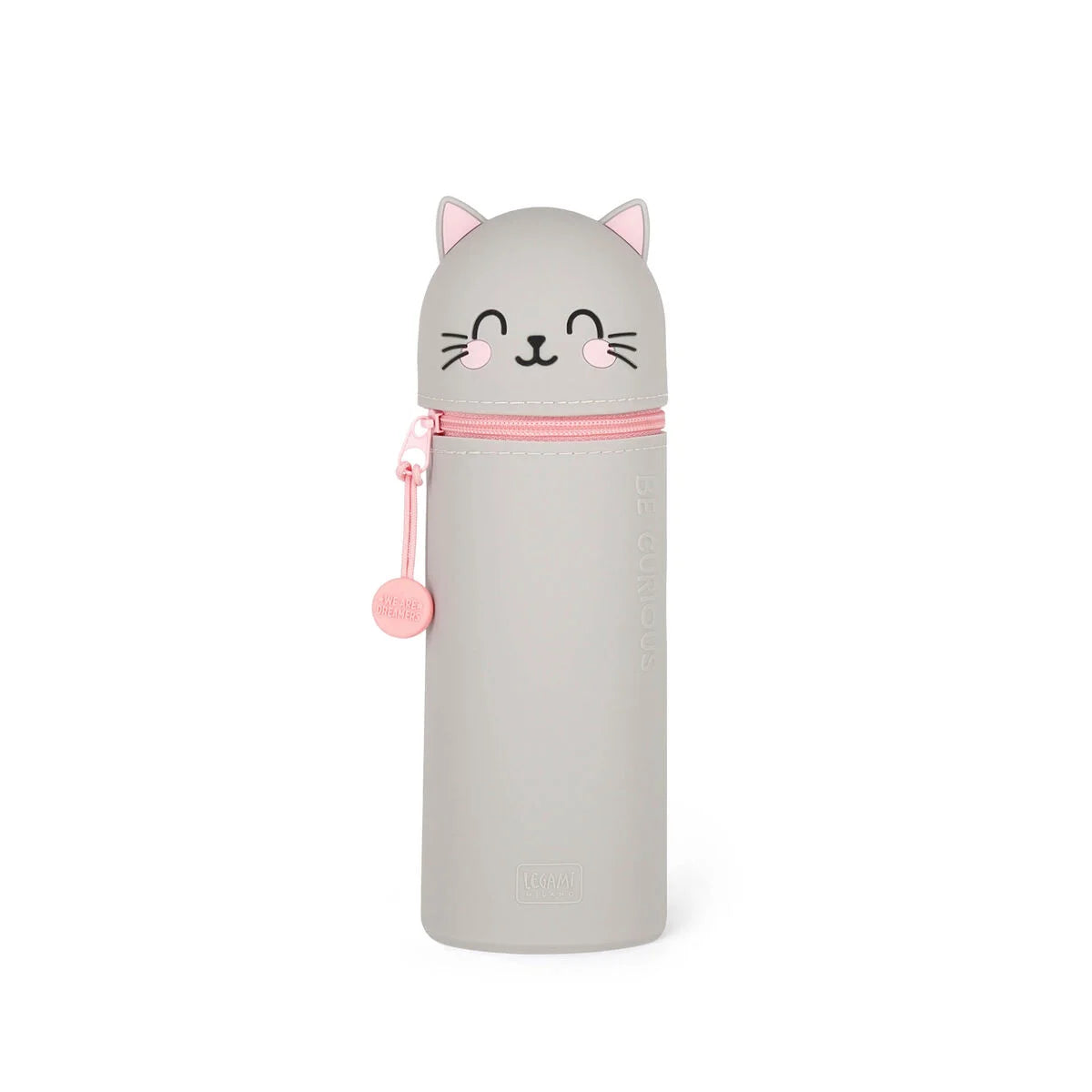 Trousse en silicone chat noir Kitty Legami transformable en pot à crayons, message Be Curious.