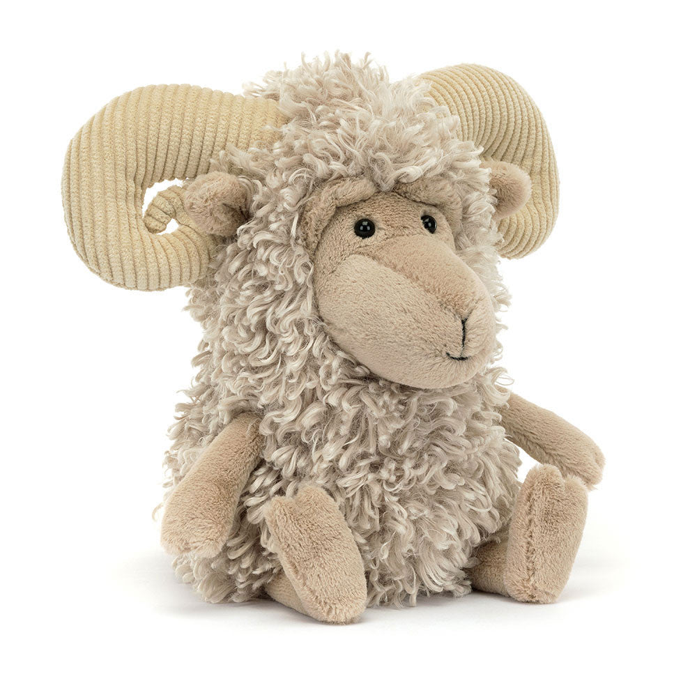 Peluche mouton blanc crème Ramsley Sheep Jellycat avec oreilles tombantes et fourrure laineuse