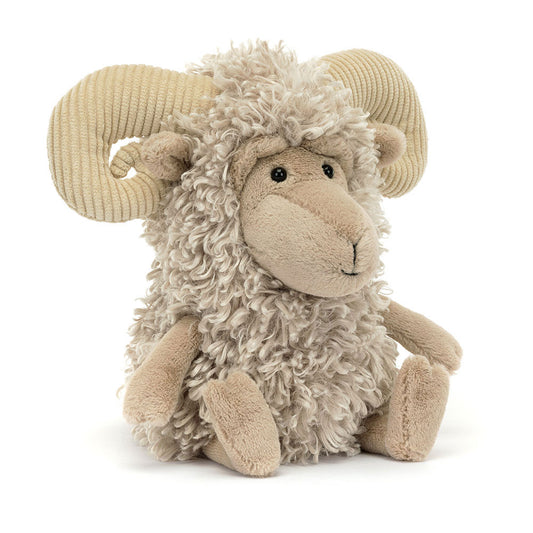 Peluche mouton blanc crème Ramsley Sheep Jellycat avec oreilles tombantes et fourrure laineuse