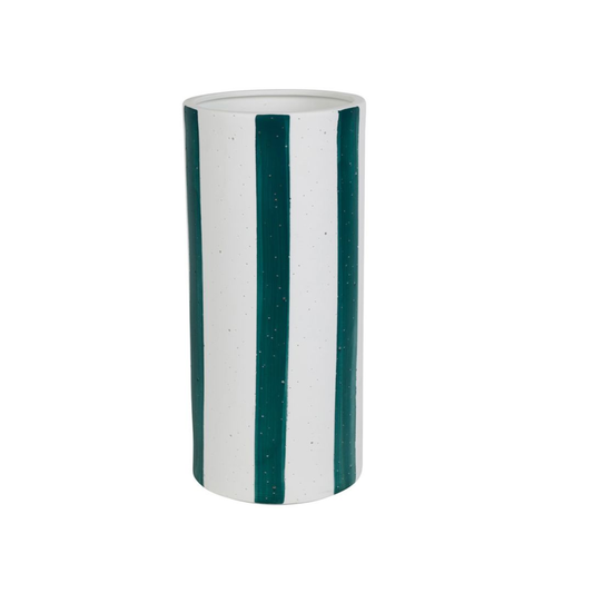 Lampe cylindrique haute en porcelaine vert émeraude avec motifs perforés ajourés, marque SEMA Design.