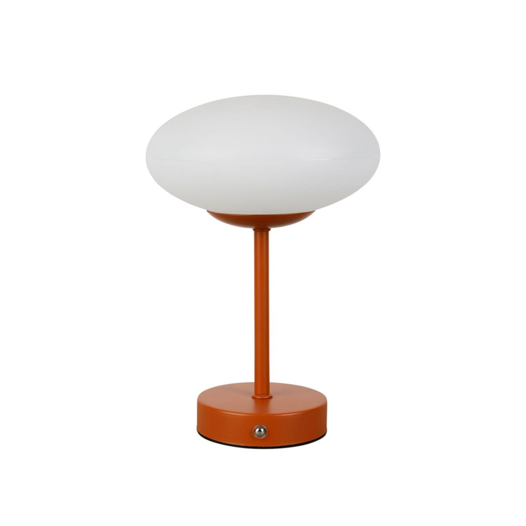 Lampe de table LED sans fil terracotta avec diffuseur blanc champignon, bouton tactile argenté sur le socle, marque SEMA Design.